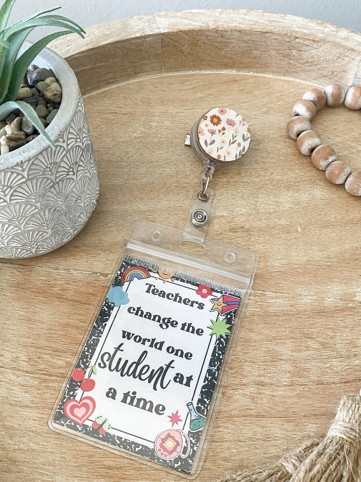 Pink brown & gold floral handmade polymer clay badge reel