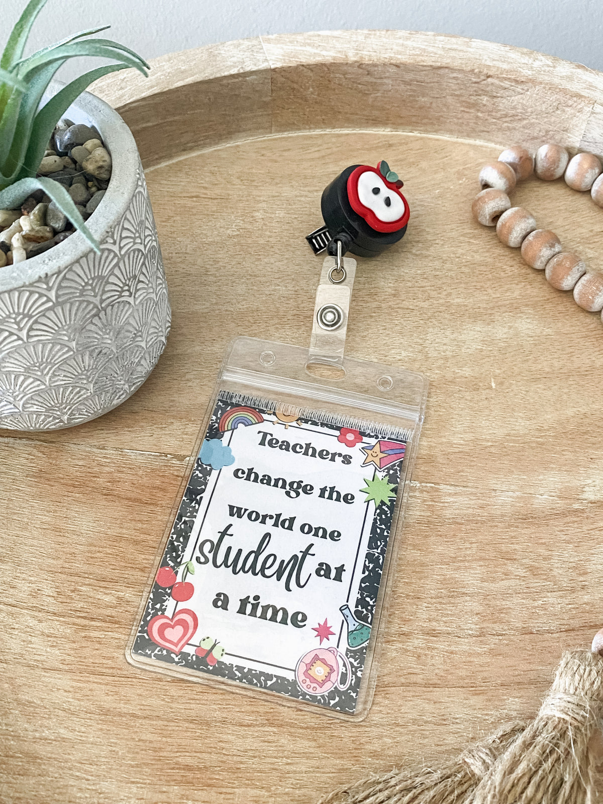 Apple handmade polymer clay badge reel