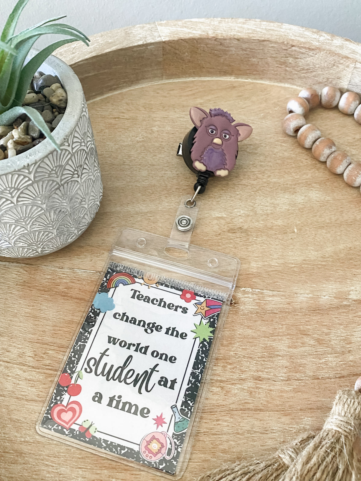Purple Furby handmade polymer clay badge reel