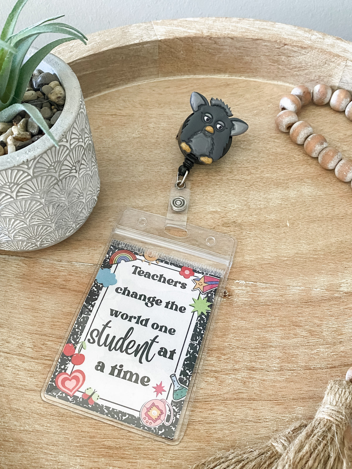 Grey Furby handmade polymer clay badge reel