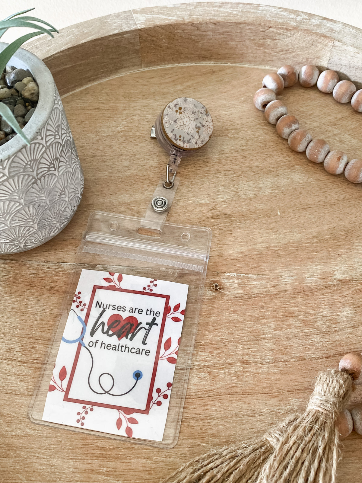 Soft sage floral handmade polymer clay badge reel