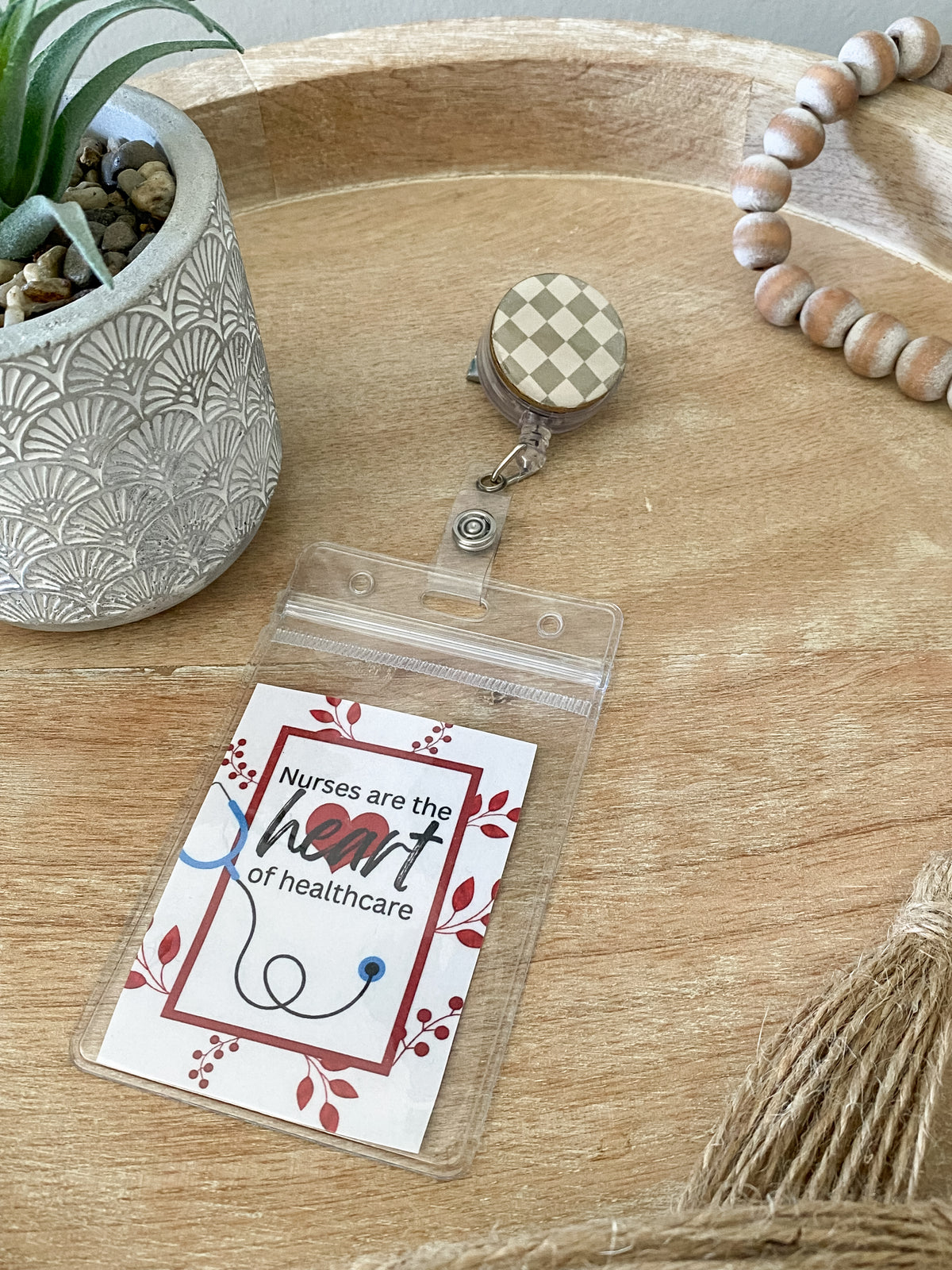 Sage and white checkered circle handmade polymer clay badge reel