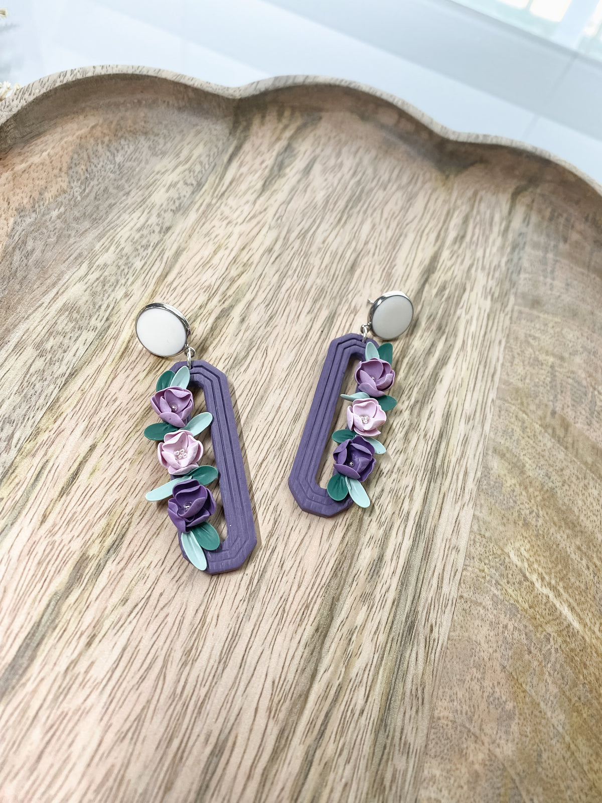 Purple elongated octagon floral earrings