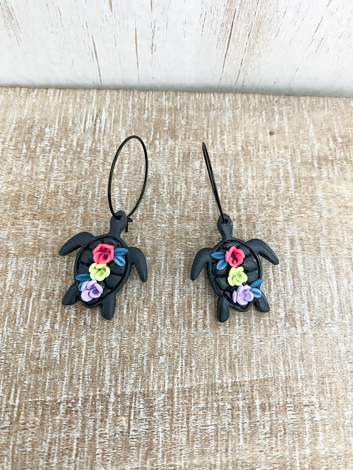 Black neon handmade flower polymer clay turtles