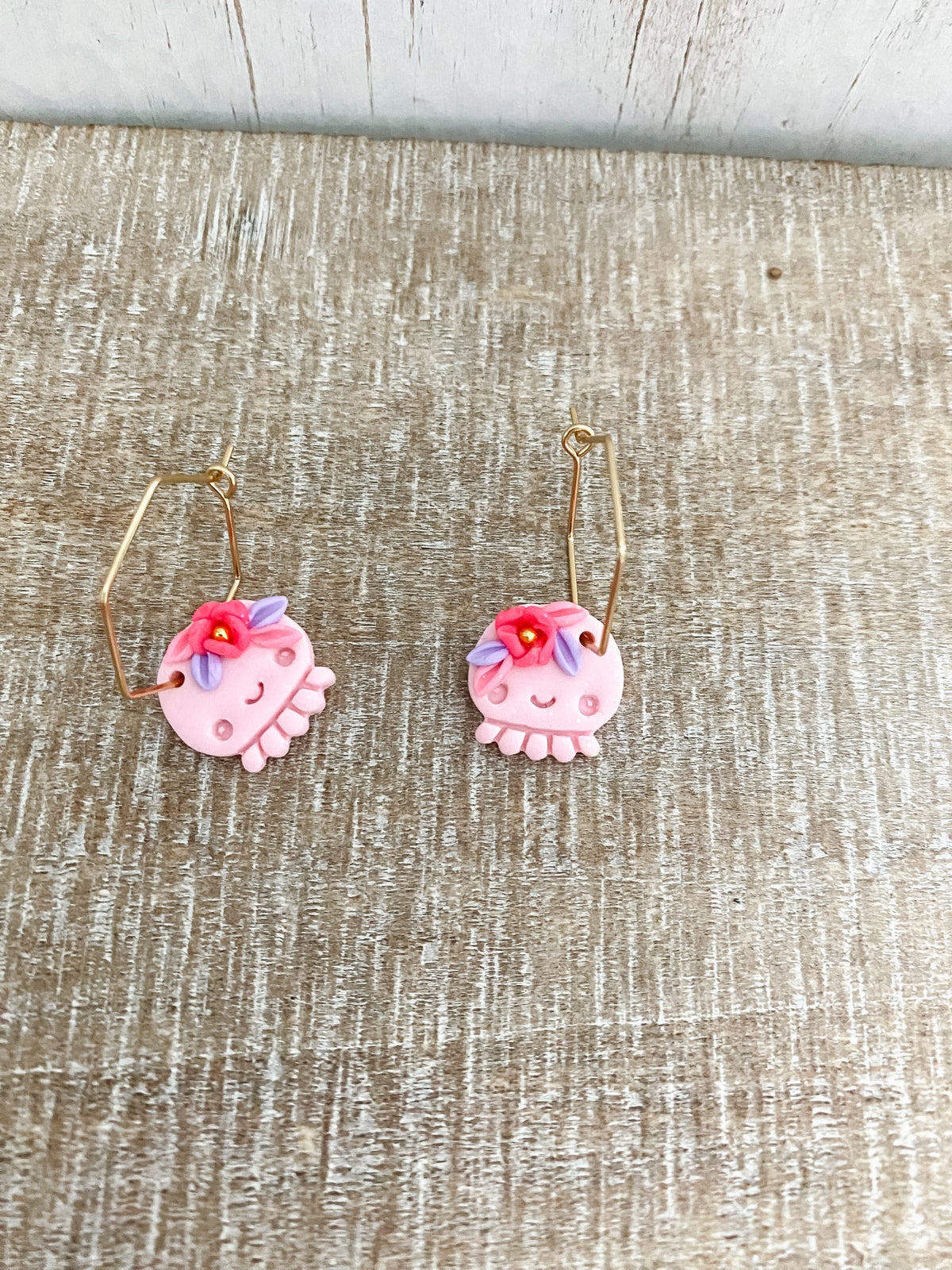 Pink handmade floral octopus polymer clay earrings