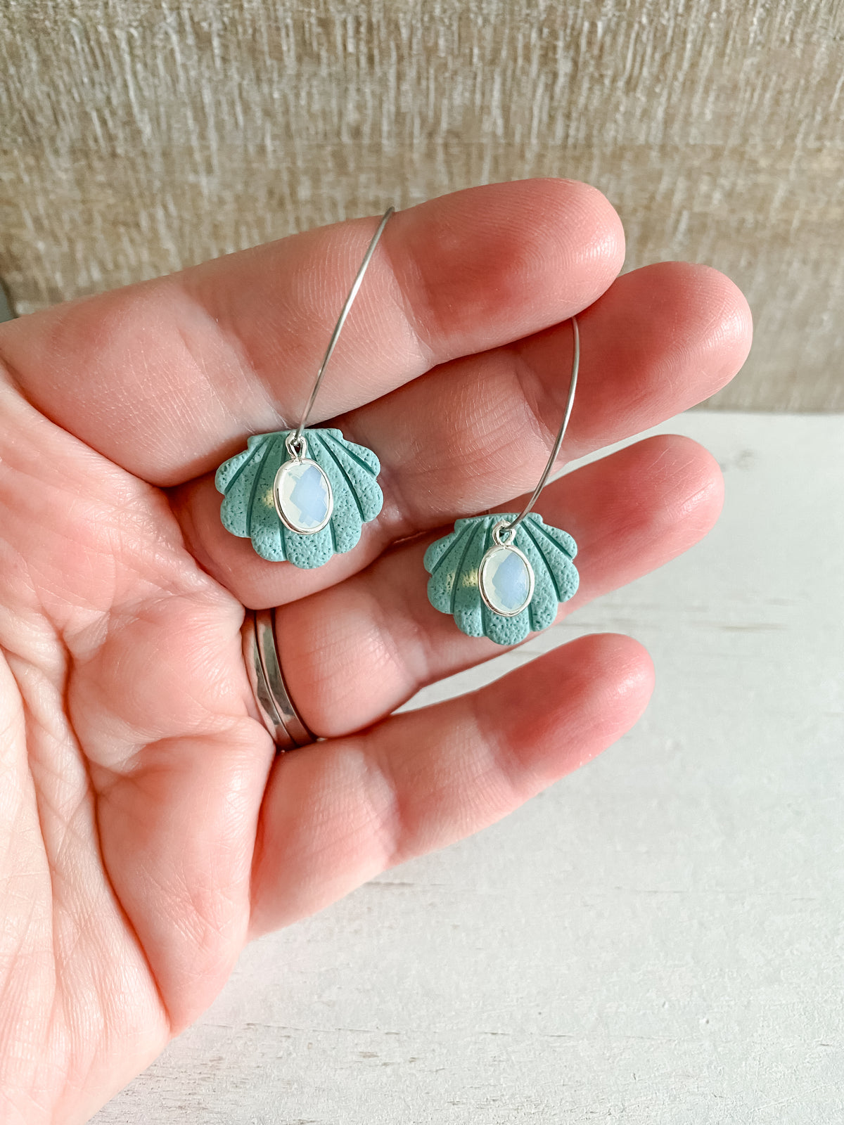 Teal seashell polymer clay silver hoops
