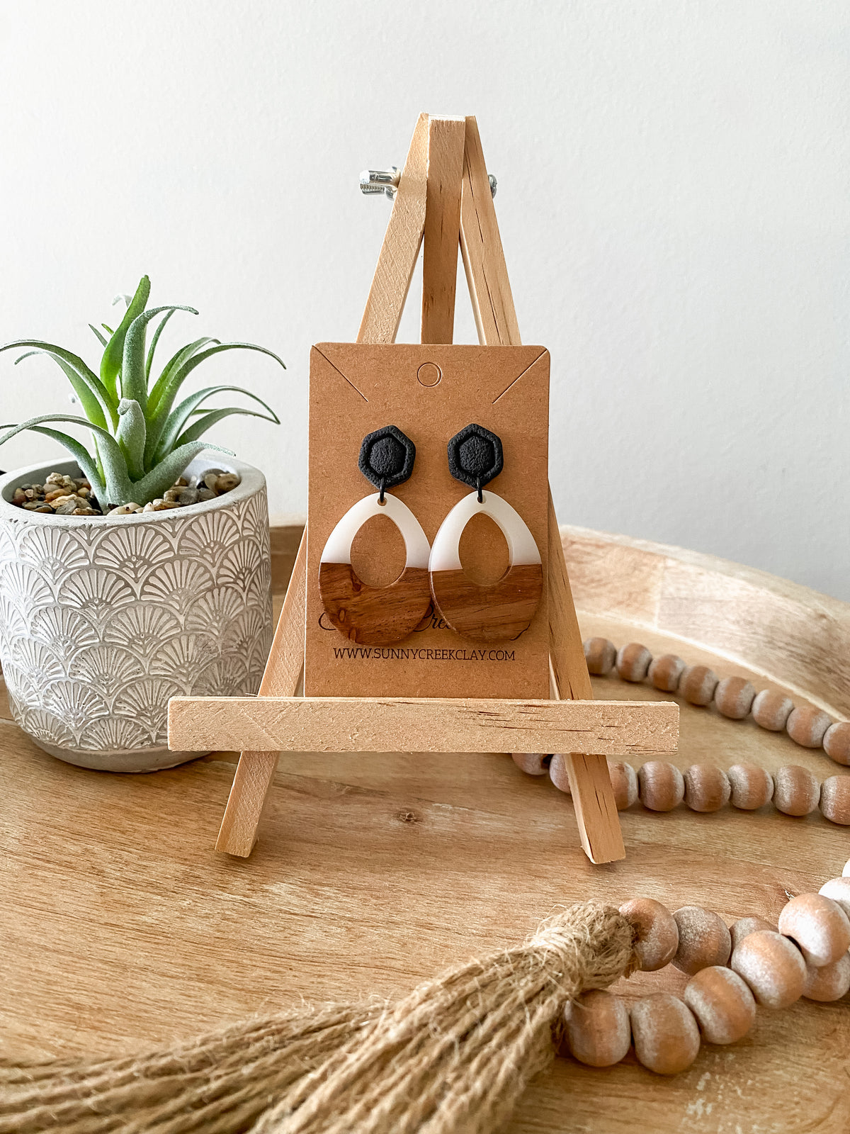 Resin and walnut teardrop dangle earrings