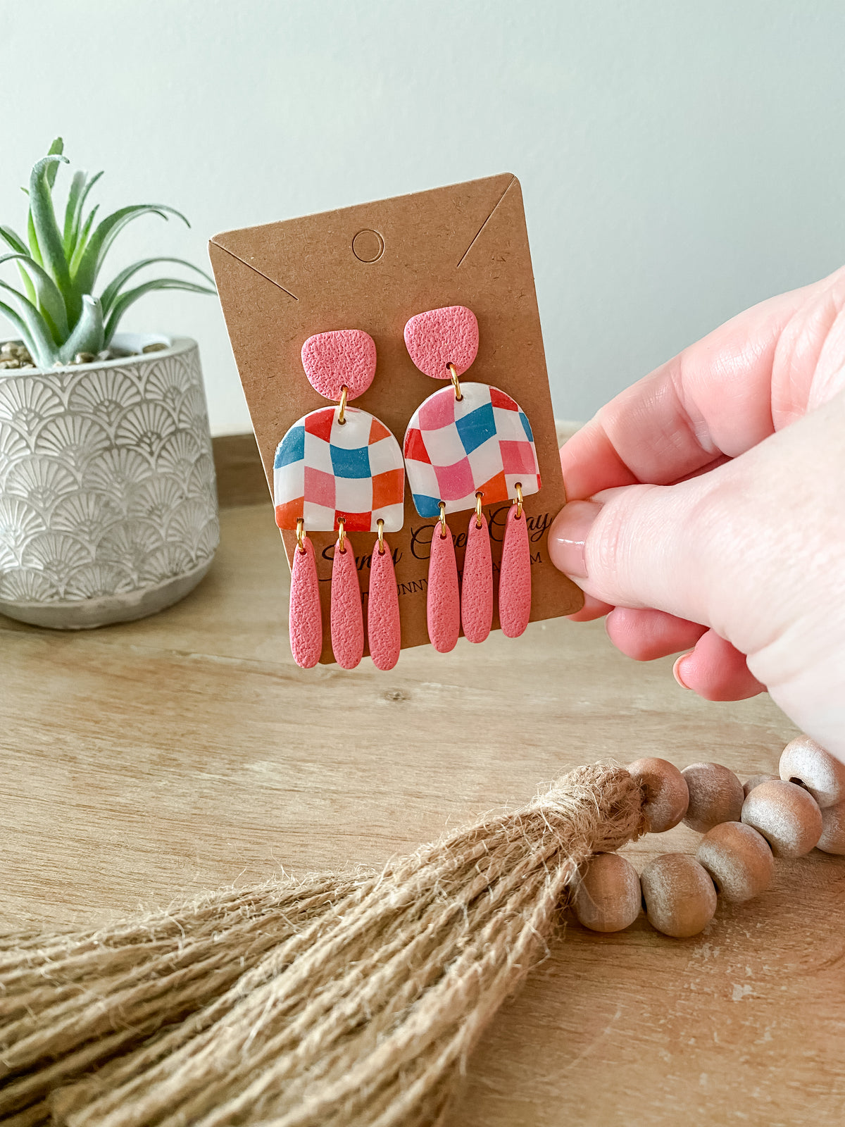 Colorful checkered handmade polymer clay earring collection