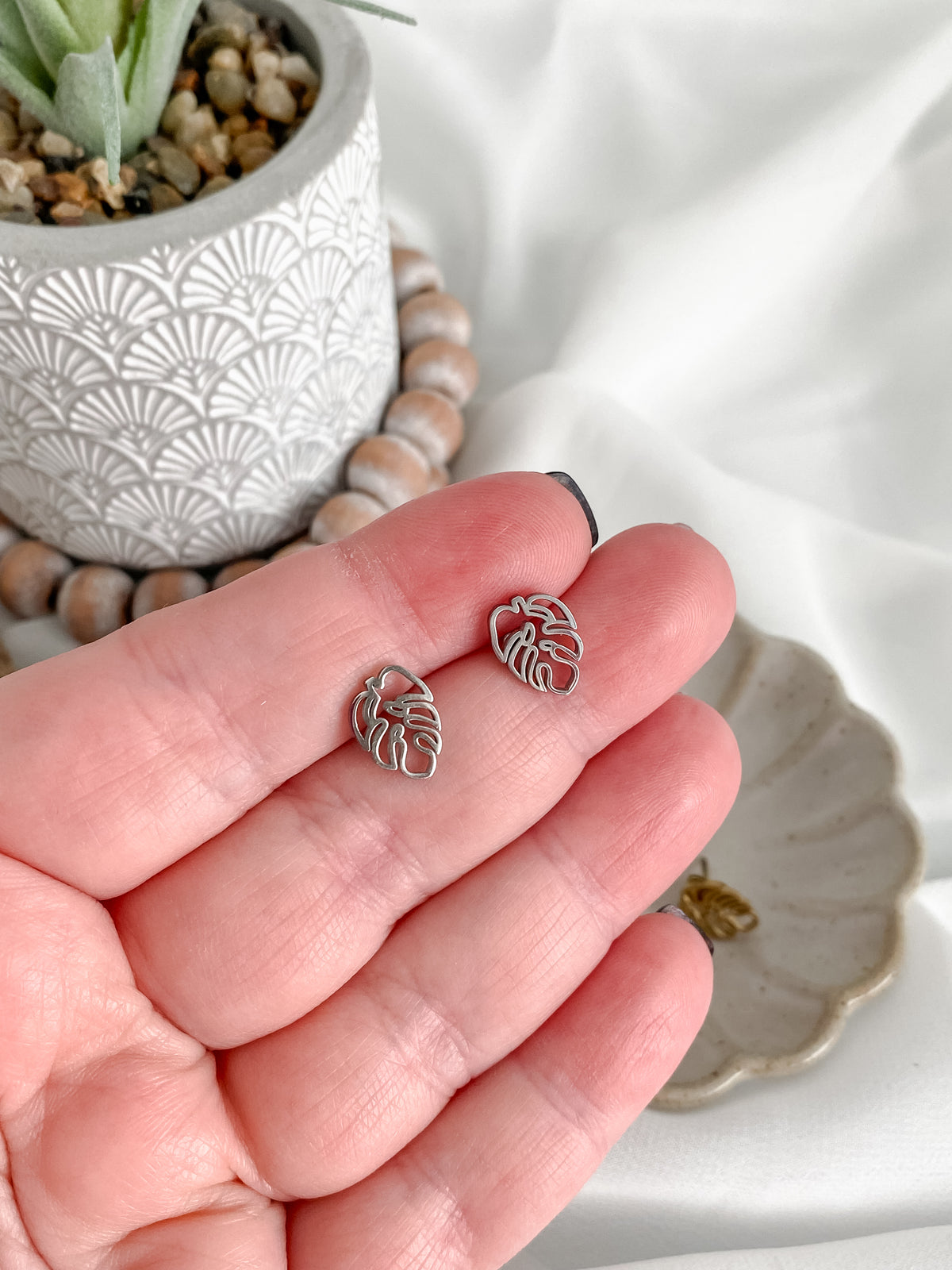 Mini Stainless Steel Monstera Earrings (Silver or Gold)