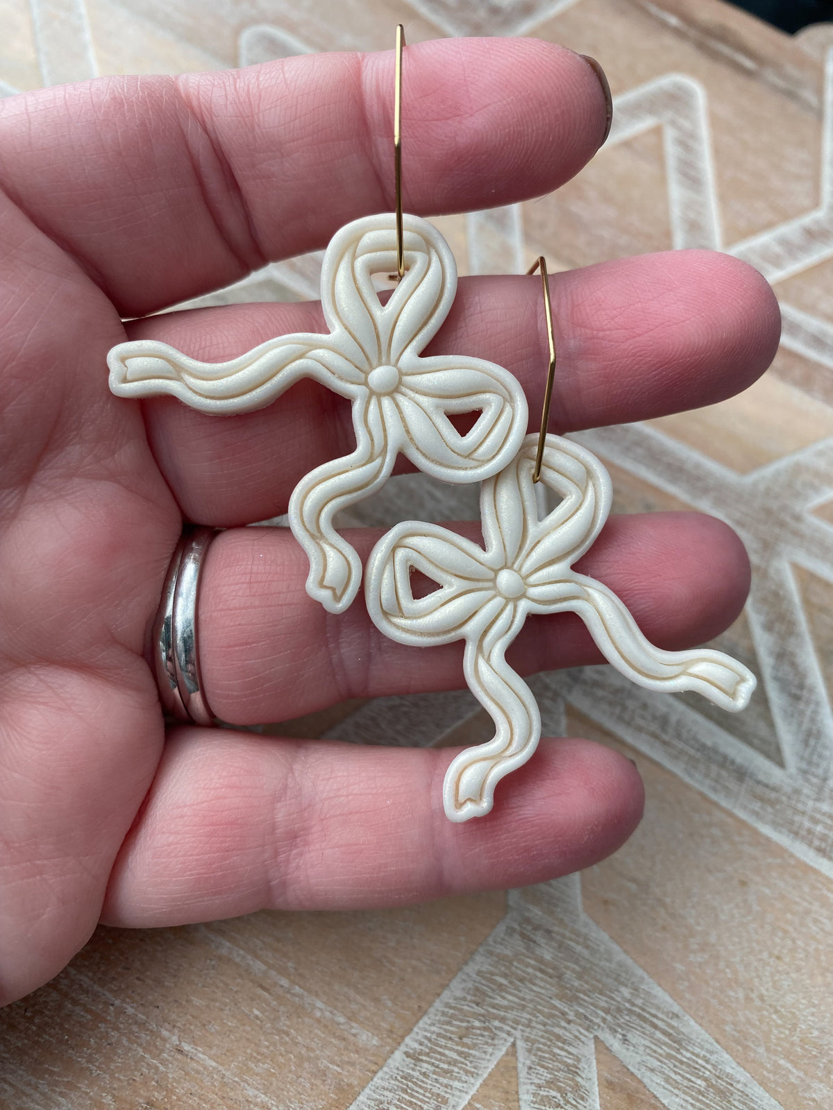 Pearl embossed bow hoop handmade polymer clay earrings