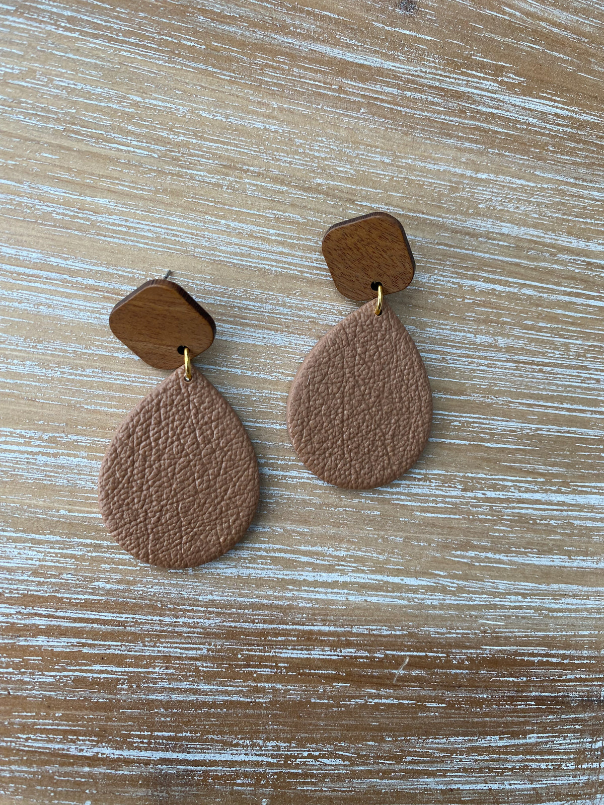 Brown faux leather texture teardrop earrings