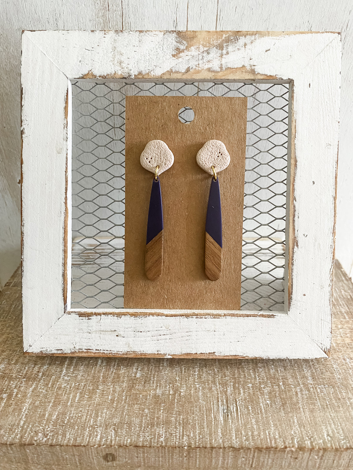 Navy blue resin & walnut earrings
