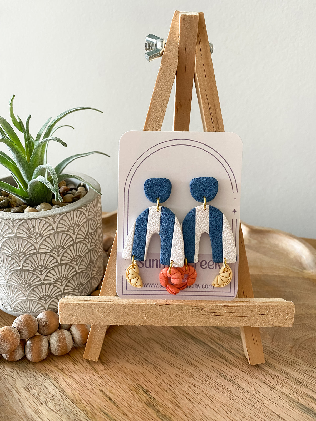 Blue & white striped seafood handmade polymer clay earrings