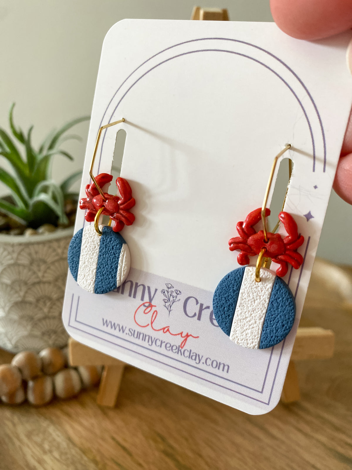 Blue & white striped crab handmade polymer clay earrings