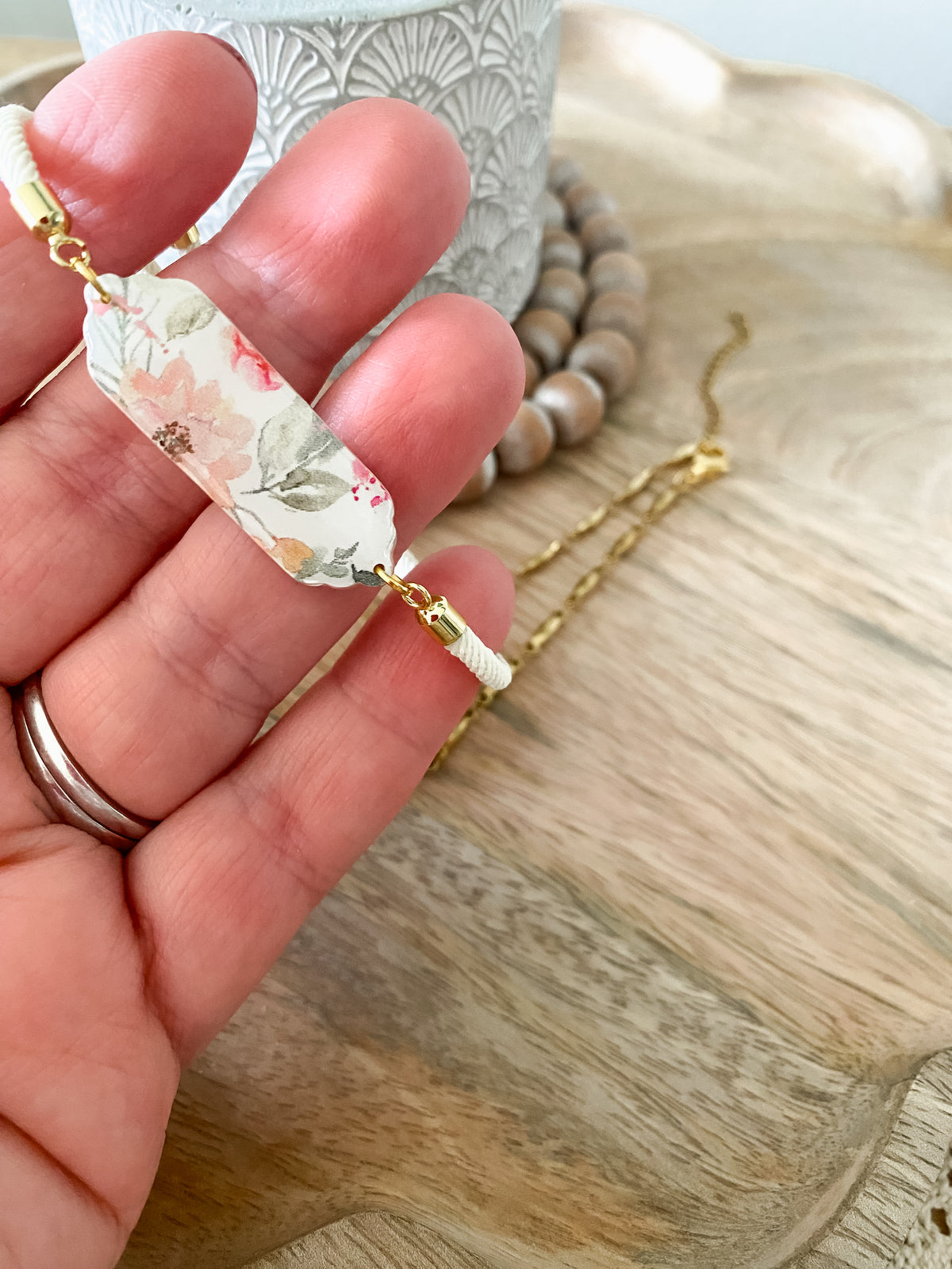 Soft pink floral print handmade polymer clay bracelet collection