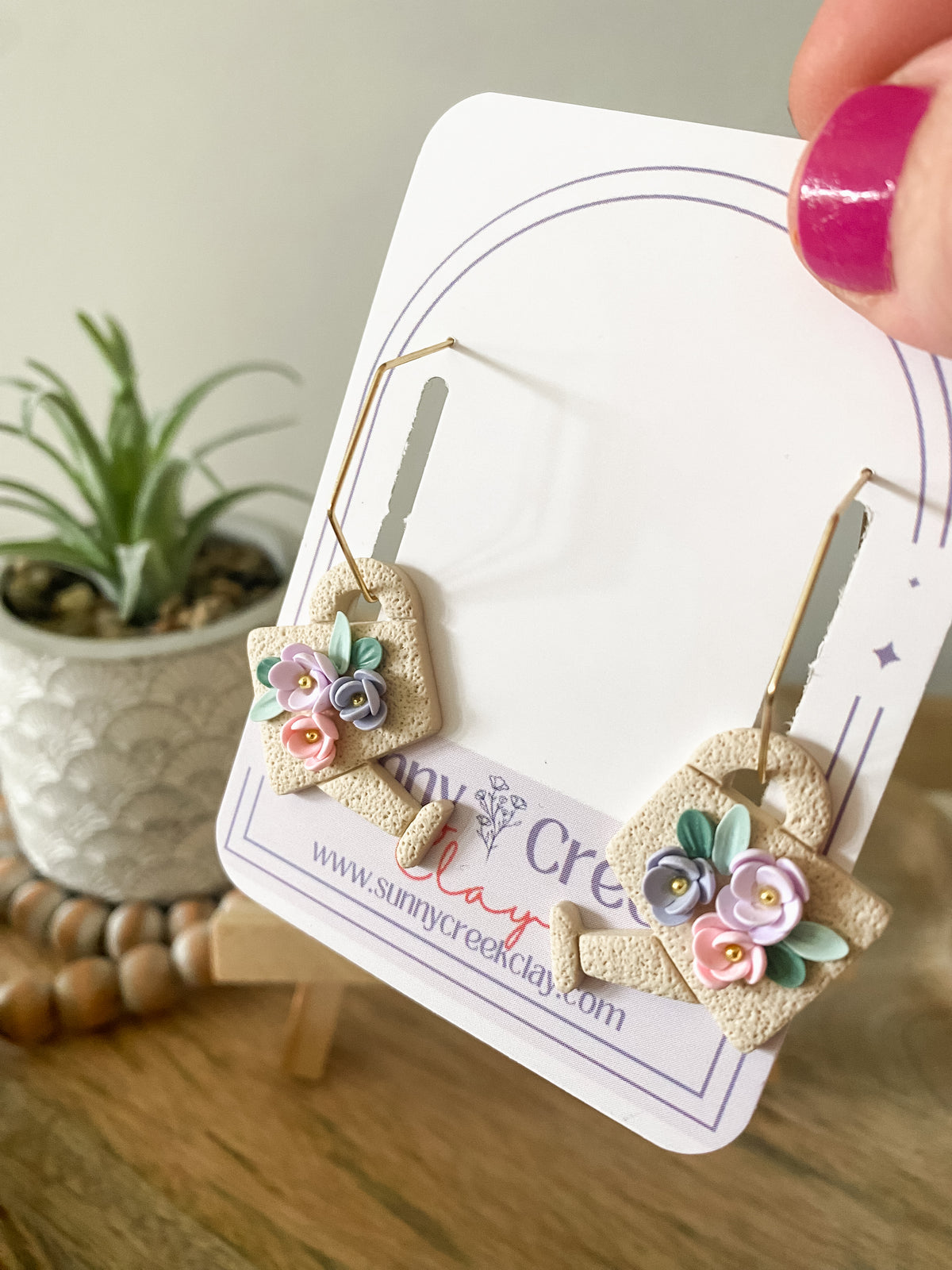 Cream floral watering can handmade polymer clay hoop earrings