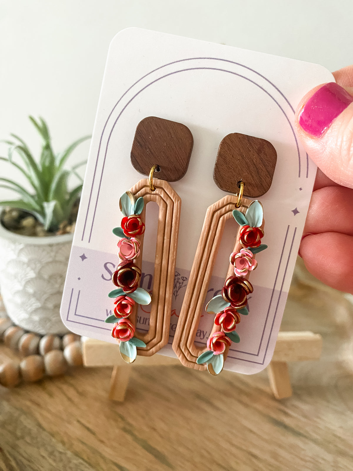 Thin red & pink handmade floral polymer clay earrings