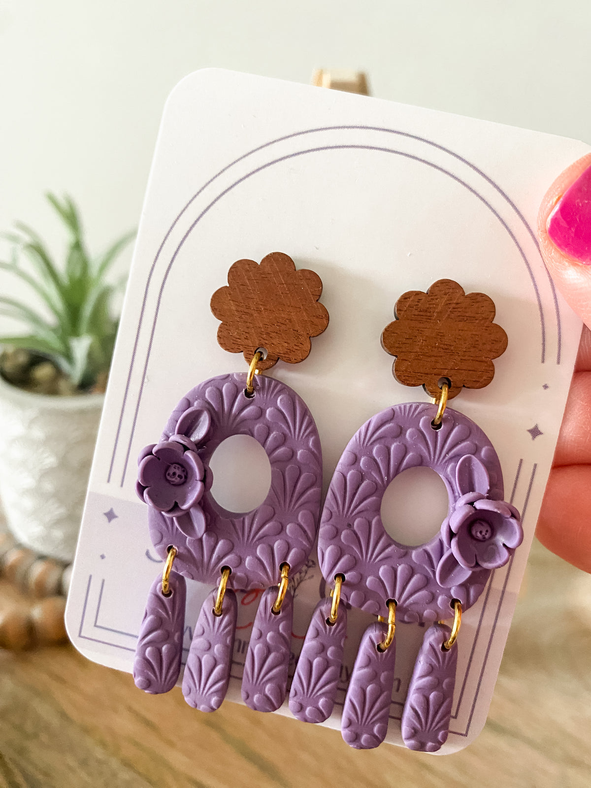 Purple oval floral dangle earrings