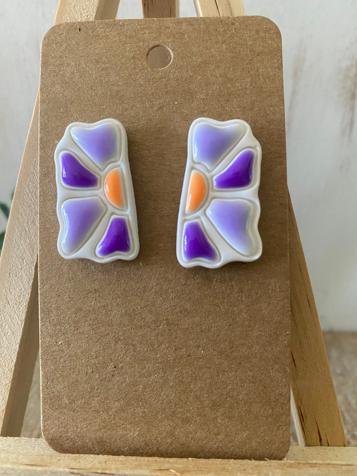 Abstract purple flower handmade polymer clay stud earrings