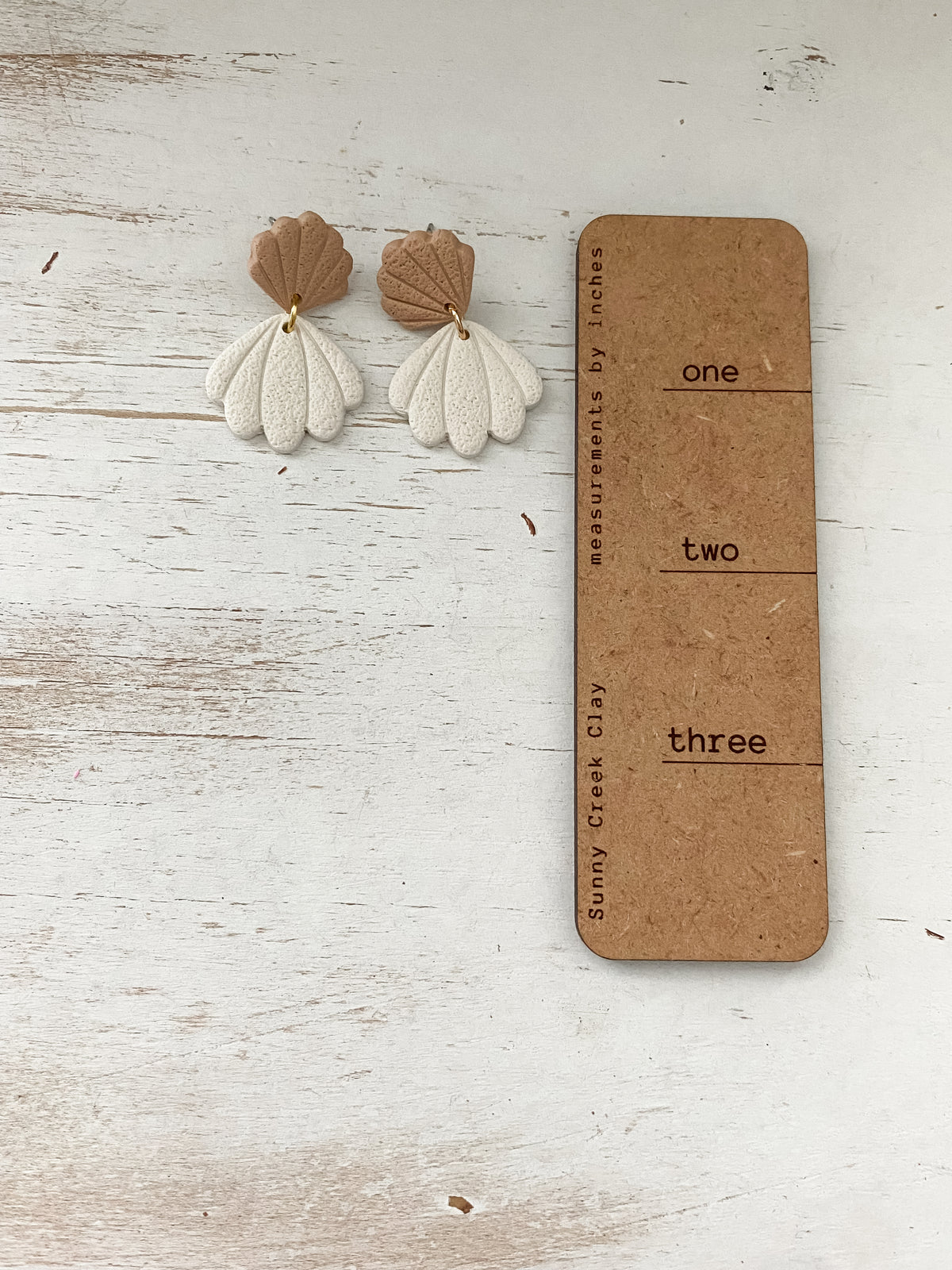 Tan and cream seashell handmade polymer clay earrings