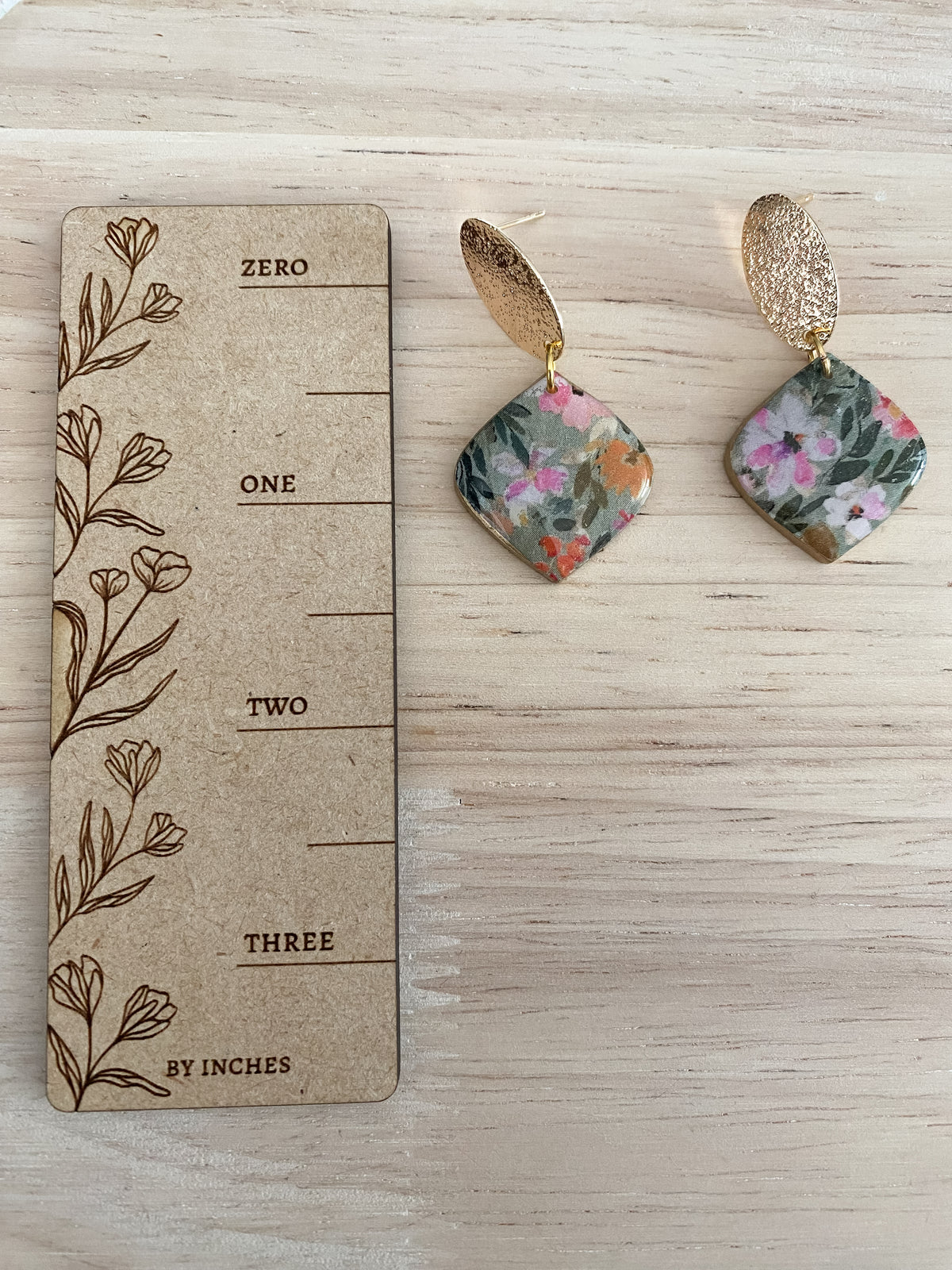 Green floral rounded teardrop handmade polymer clay earrings