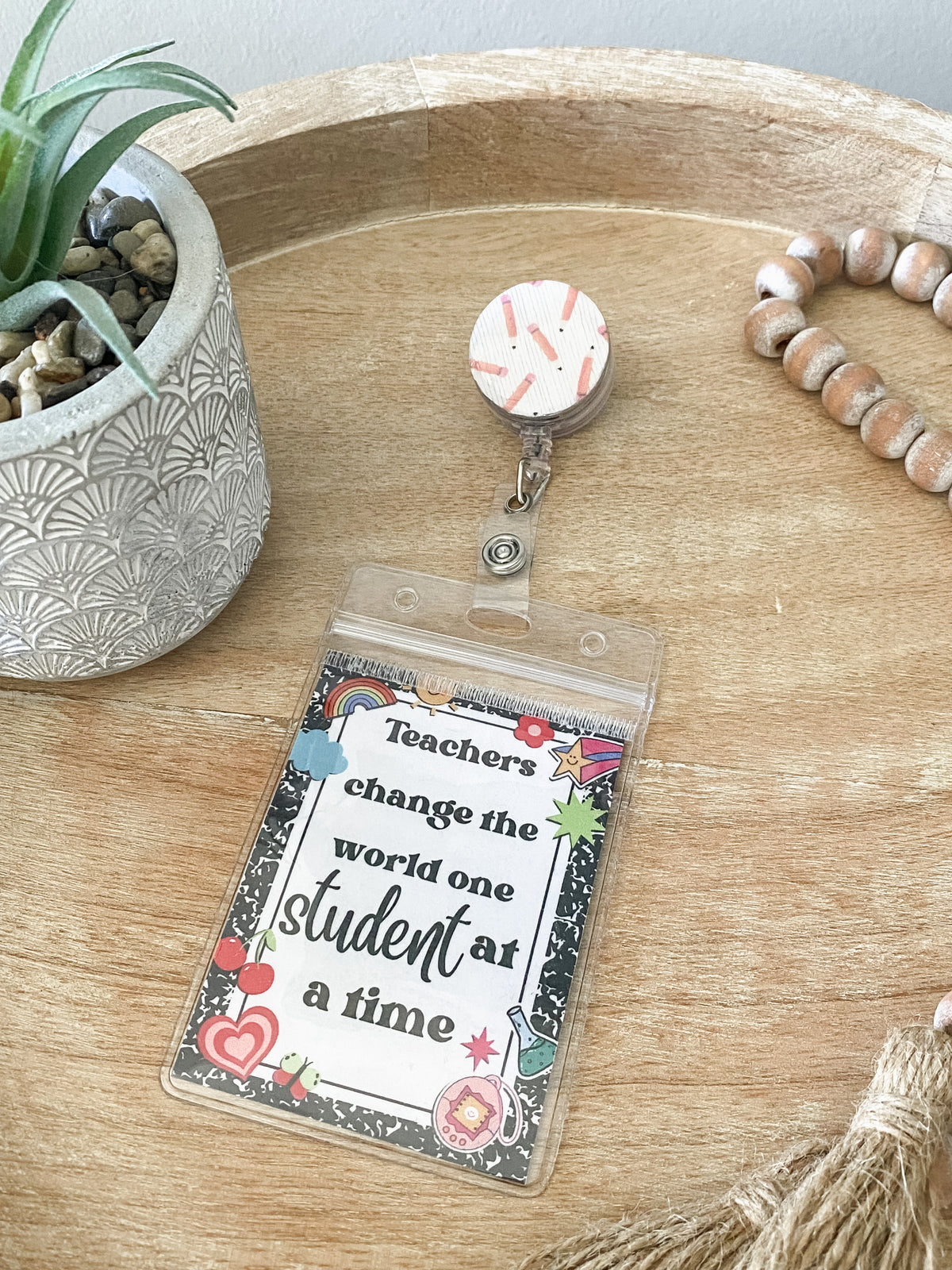 Pencil teacher handmade polymer clay badge reel