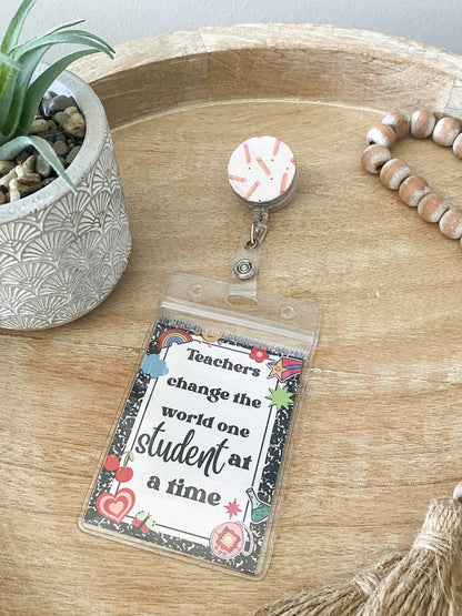 Pencil teacher handmade polymer clay badge reel