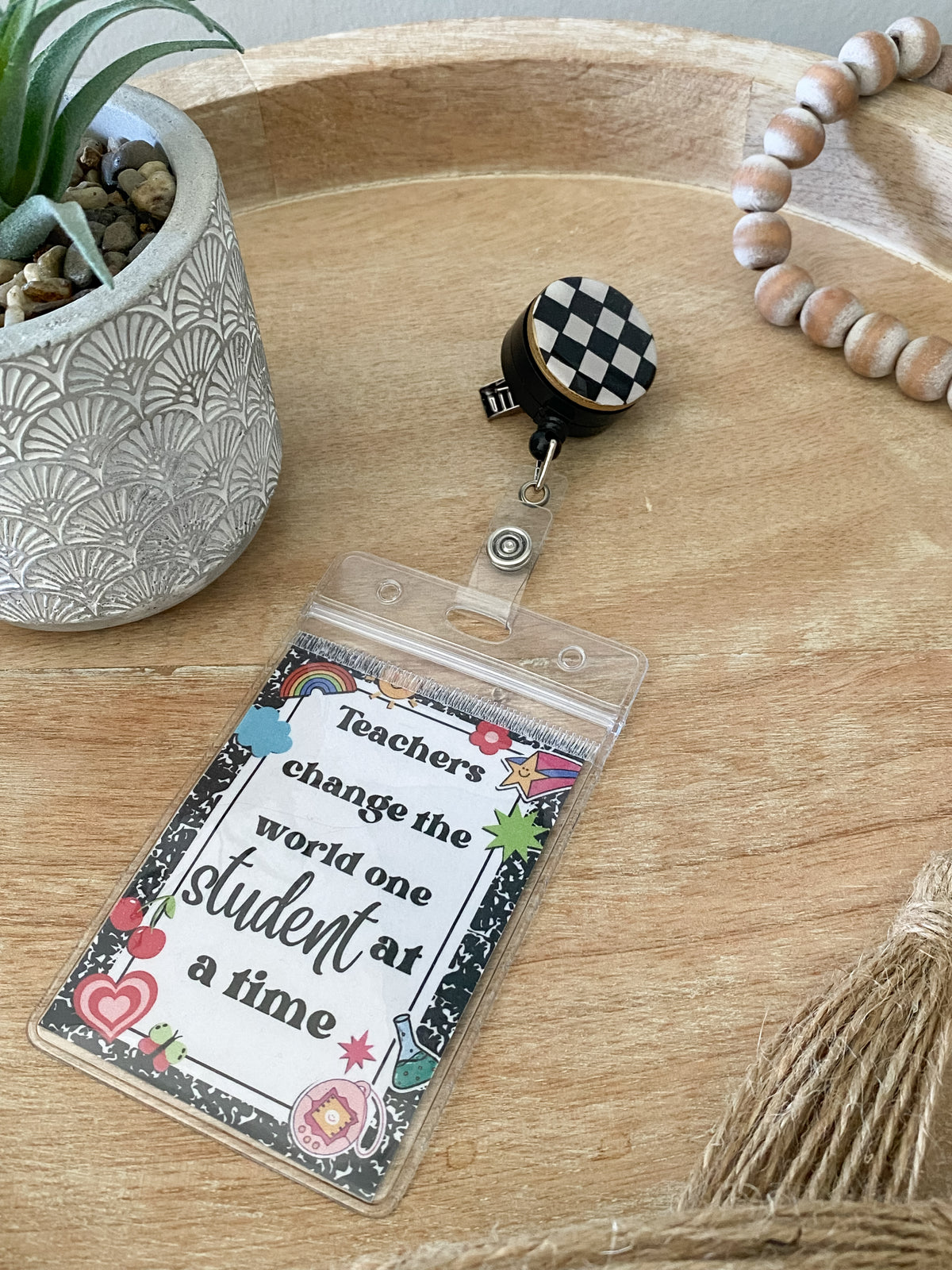 Black and white checkered handmade polymer clay badge reel