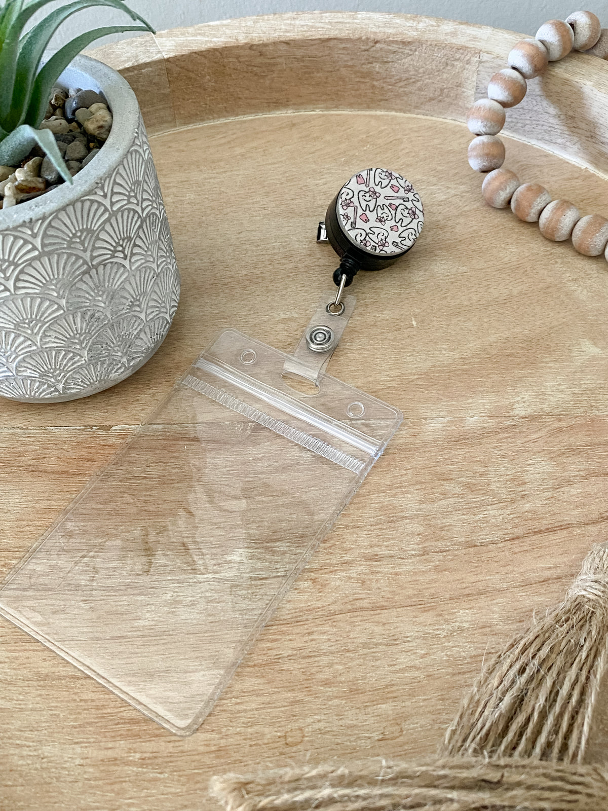Dental tooth silver circle handmade polymer clay badge reel