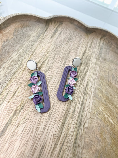 Purple elongated octagon floral earrings