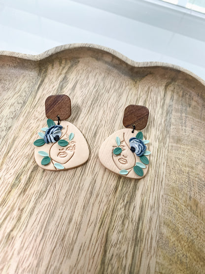 Tan blue floral earrings