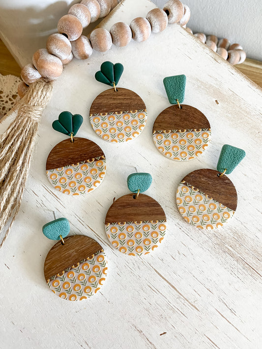Yellow flower resin & walnut handmade polymer clay earring collection
