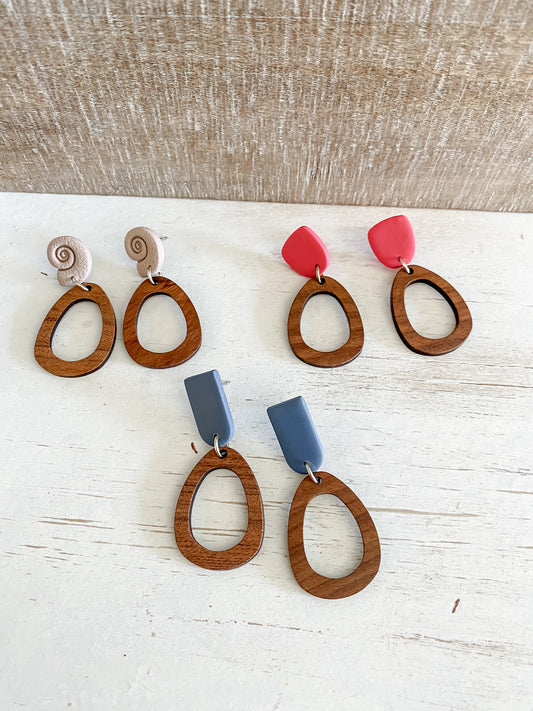 Teardrop oval walnut polymer clay earrings