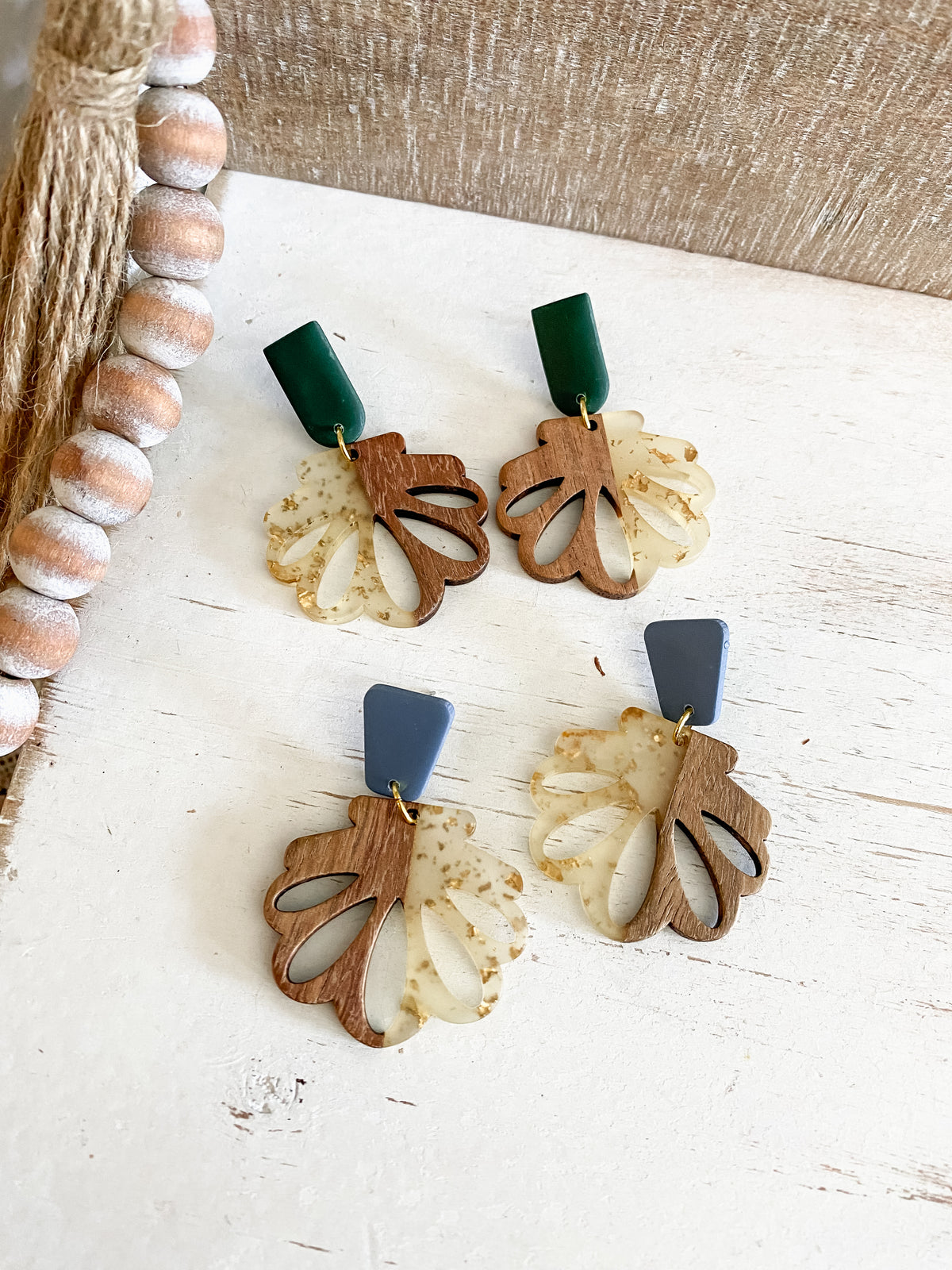 Wood and resin seashell dangle earrings