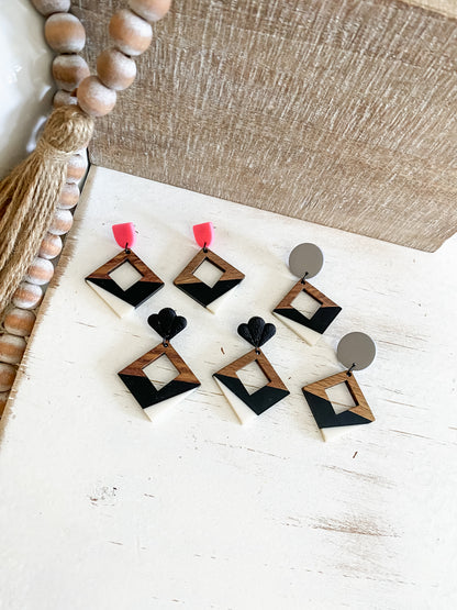 Black white & wood resin square handmade polymer clay earring collection