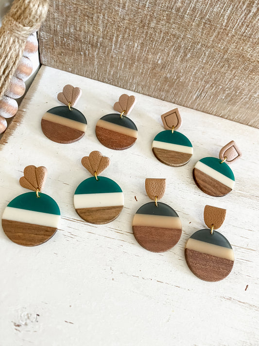 Resin & walnut striped handmade polymer clay earring collection