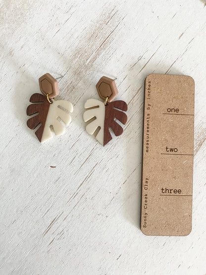 Off-white wood monstera dangles