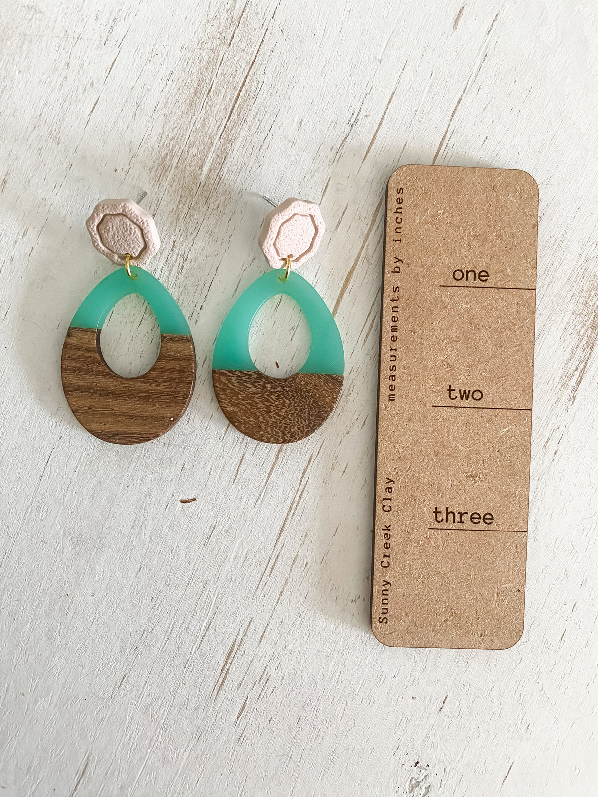 Teal resin & walnut polymer clay earrings