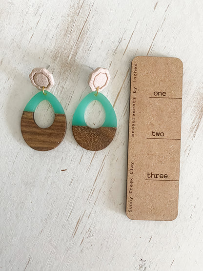 Teal resin & walnut polymer clay earrings