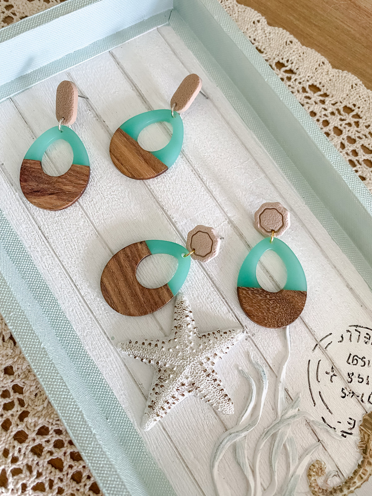 Teal resin & walnut polymer clay earrings