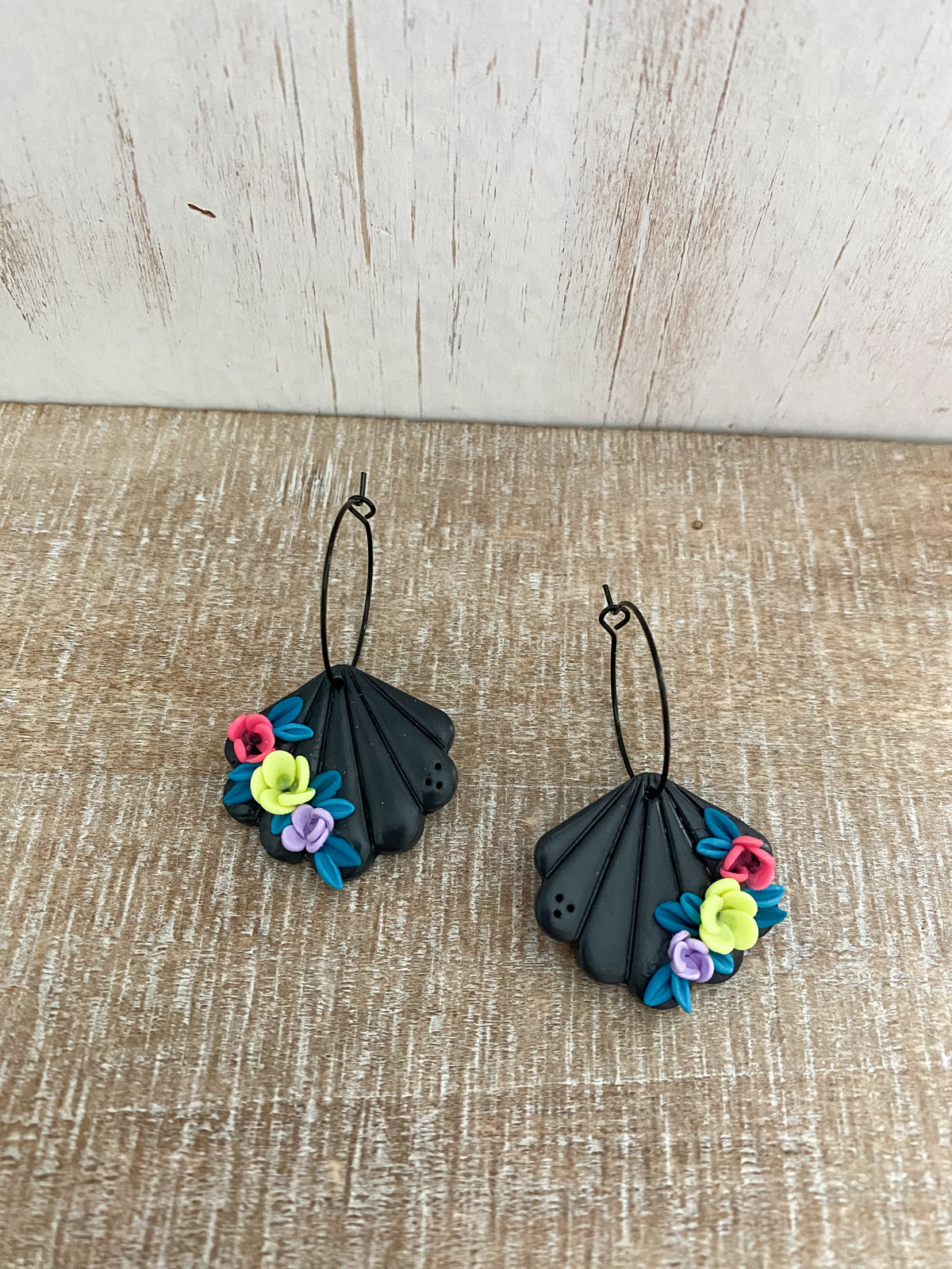 Black neon handmade floral polymer clay seashells