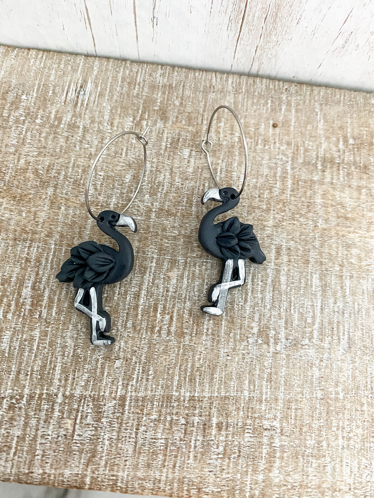 Black flamingo polymer clay earrings