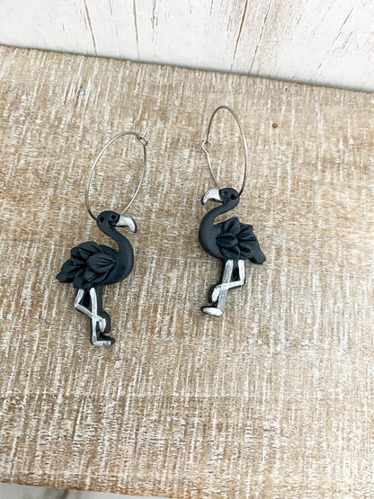 Black flamingo polymer clay earrings