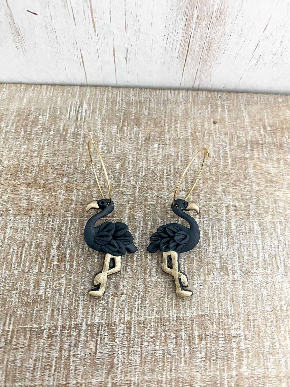 Black flamingo polymer clay earrings
