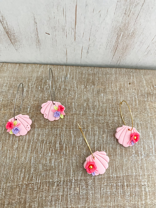 Pink handmade floral polymer clay seashells