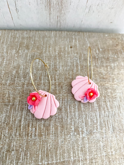 Pink handmade floral polymer clay seashells
