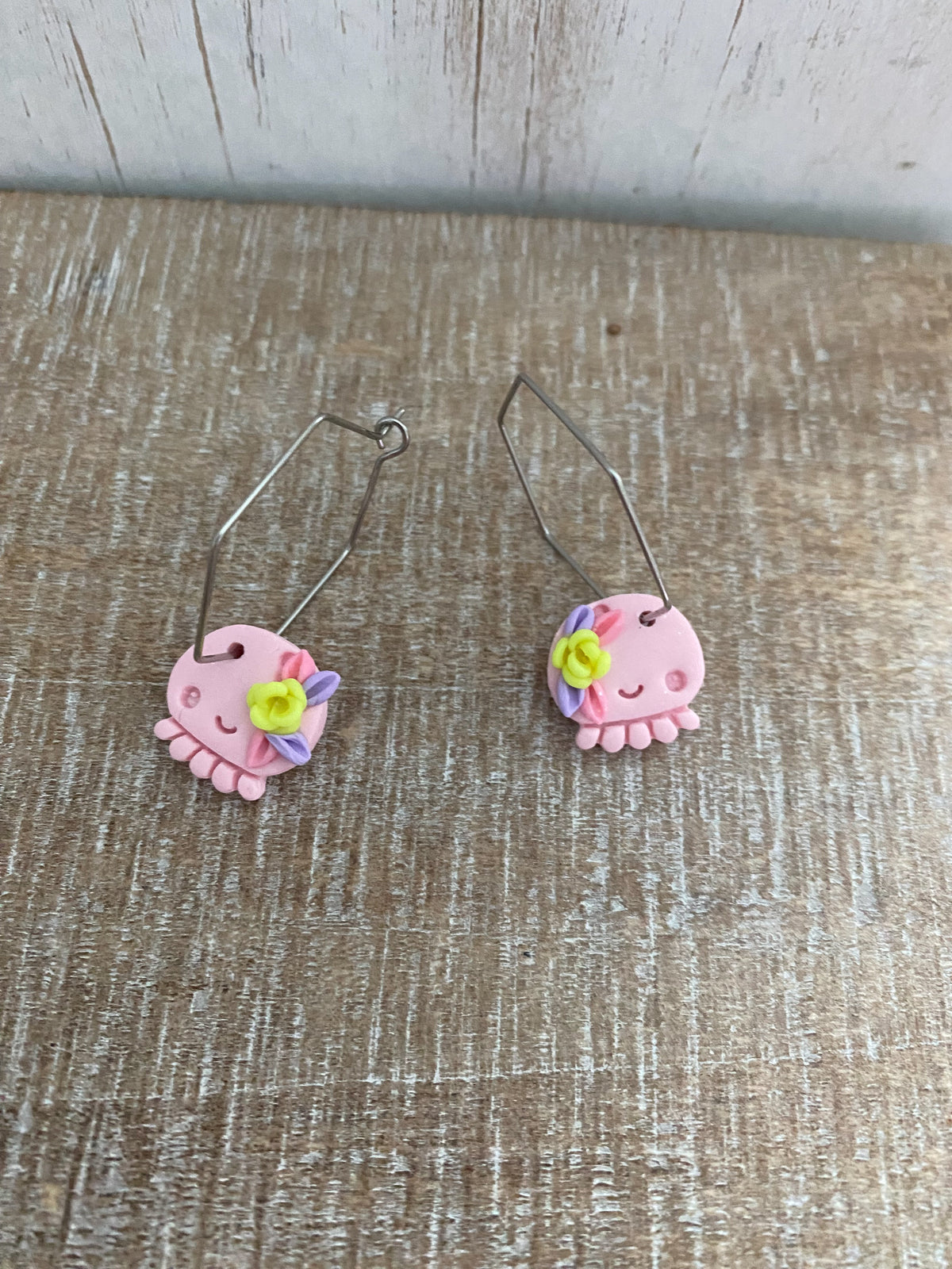 Pink handmade floral octopus polymer clay earrings
