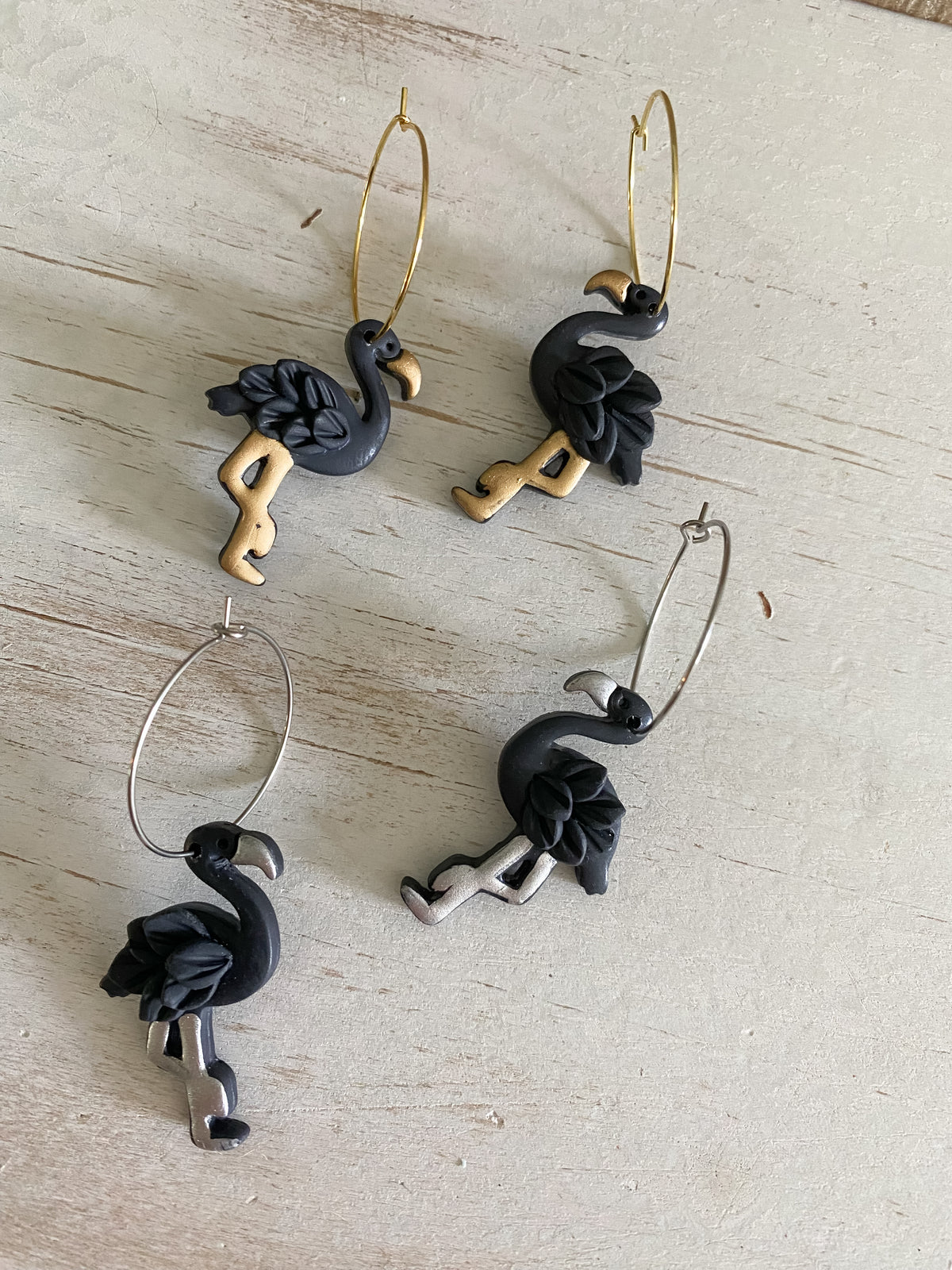 Black flamingo polymer clay earrings