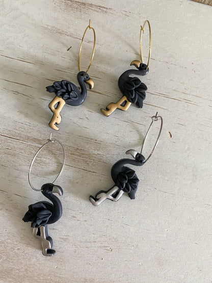 Black flamingo polymer clay earrings