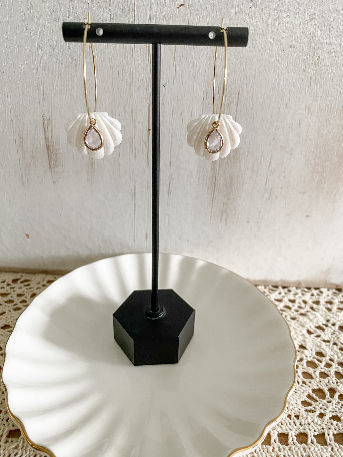 Pearl seashell polymer clay hoops